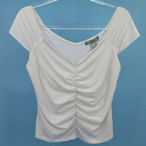 Good Luck Gem White Gathered Front Cap Sleeve Crop Top Womens XL